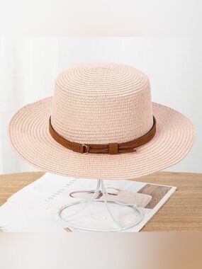 Blush Pink Straw Sun Hat with Brown Accent Band